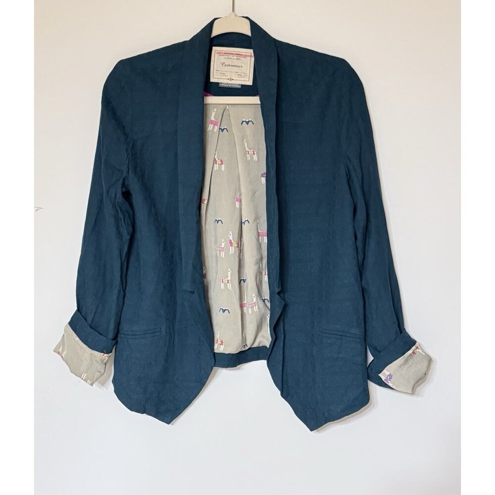 Cartonnier Anthropologie Open Front Blazer Jacket Size S Teal Whimsical